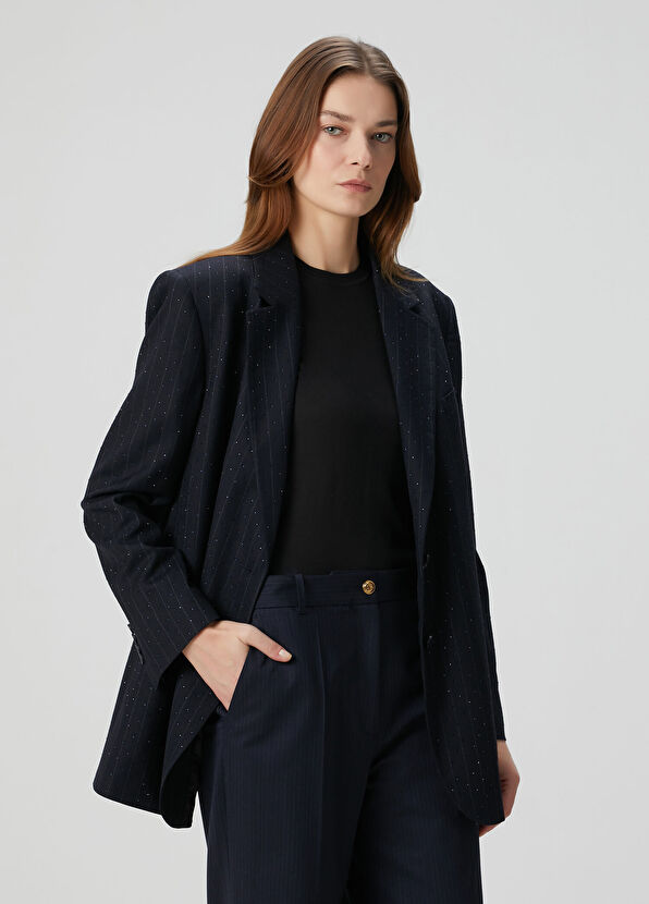 Sandro Navy Blue Striped Crystal Embellished Jacket - 1