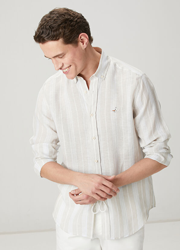 Beymen Club Comfort Fit Light Khaki Line Patterned Linen Shirt - 2