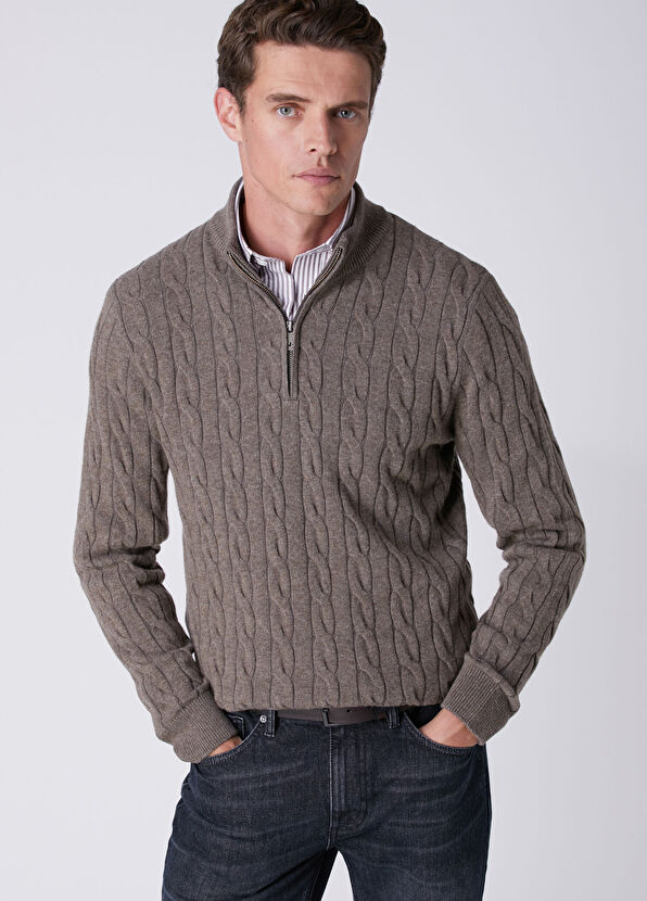 Beymen Club Mink Collar Zipper Knitted Textured Sweater - 1