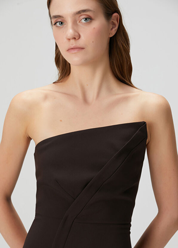 Kahverengi Straplez Midi Kokteyl Elbise - Görsel 3