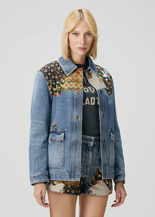 Valentino Mavi Desenli Garnili Denim Ceket - 1