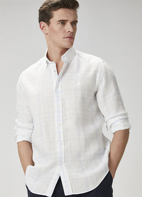 Beymen Club Comfort Fit Blue White Plaid Patterned Linen Shirt - 2