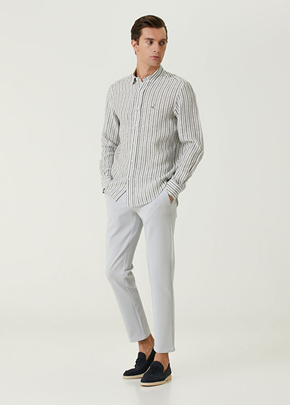 Beymen Club Comfort Fit Grey Striped Linen Shirt - 3