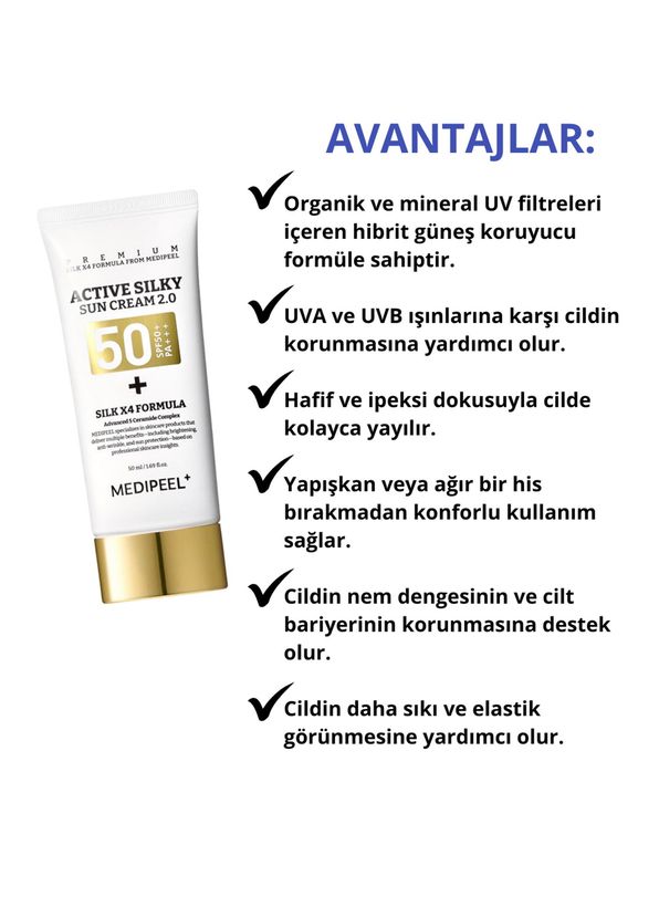 MEDIPEEL Active Silky Sun Cream 2.0 SPF50+ PA+++ Peptit ve İpek Kompleksi İçeren Güneş Kremi 50 ml  - 3