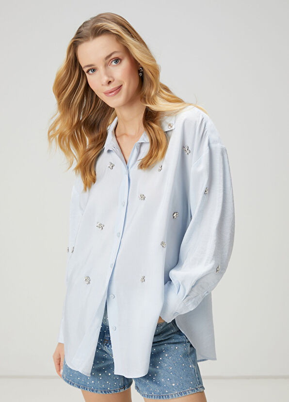 Beymen Club Oversize Blue Embellished Shirt - 1