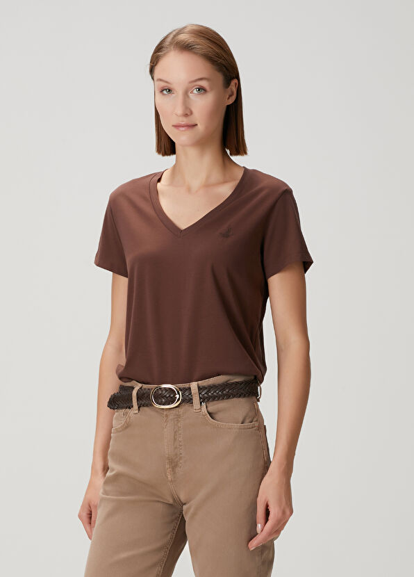 Beymen Club Brown V-Neck Flowing T-Shirt - 1