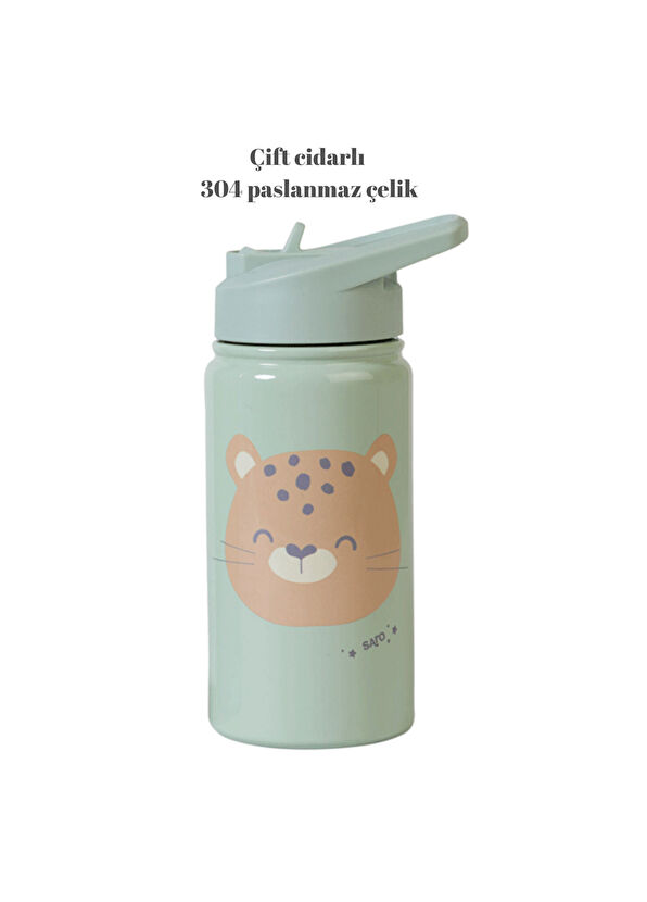 Saro Kedi Figürlü Yeşil Paslanmaz Çelik Pipetli Termos Suluk 350 ml - 2