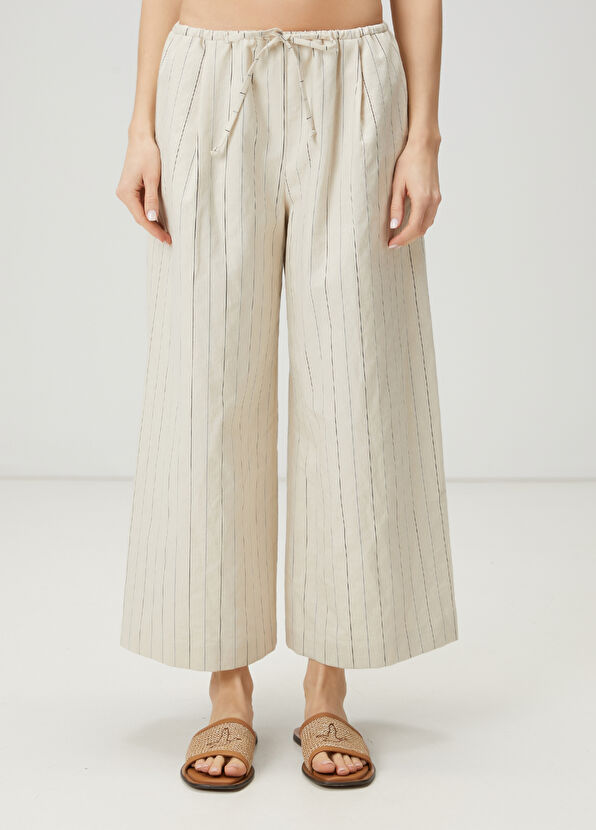 Beymen Club Ekru Beli Kordonlu Çizgi Desenli Pantolon - 2