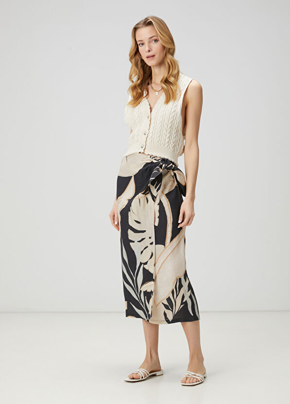 Beymen Club Siyah Ekru Desenli Midi Keten Etek - 2