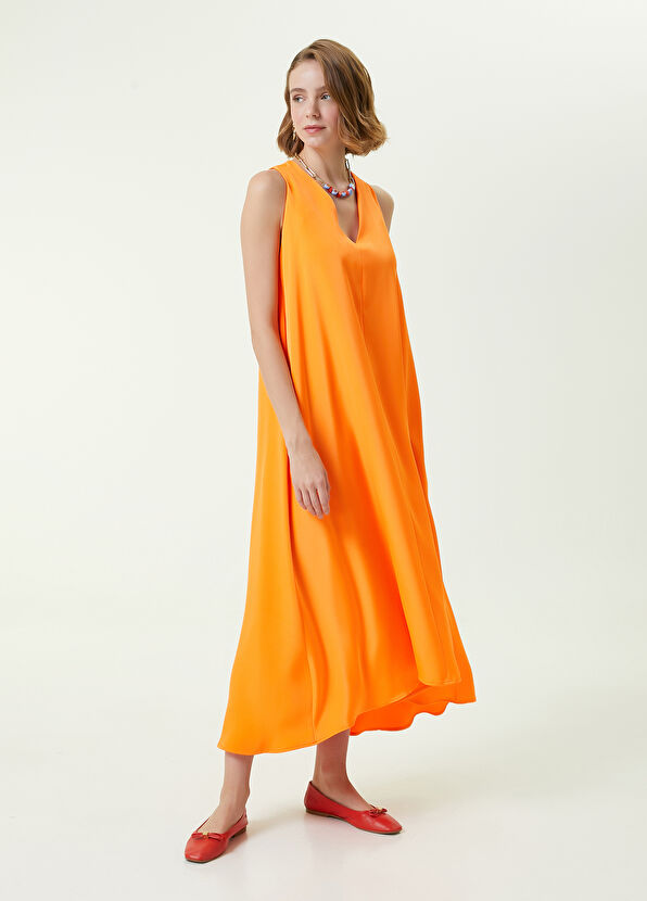 Beymen Club Turuncu V Yaka Midi Evaze Elbise - 1