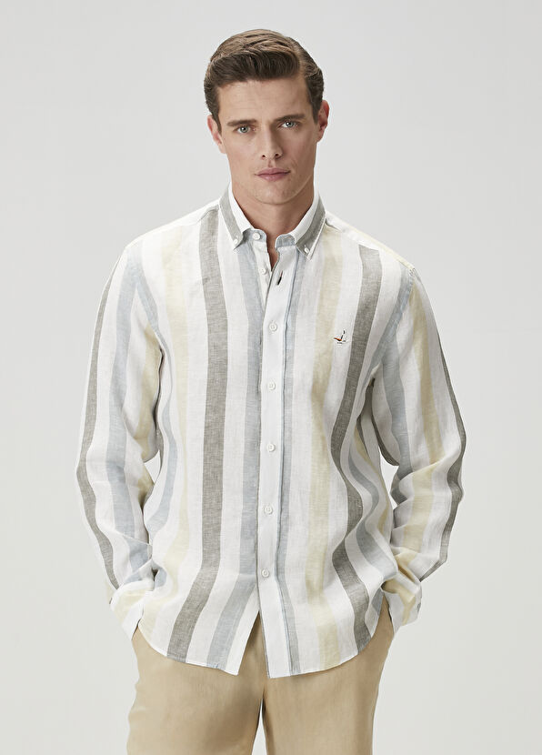 Beymen Club Comfort Fit Yeşil Çizgi Desenli Keten Gömlek - 1