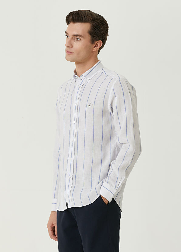 Beymen Club Comfort Fit Beyaz Seyrek Çizgi Geçiş Keten Gömlek - 4