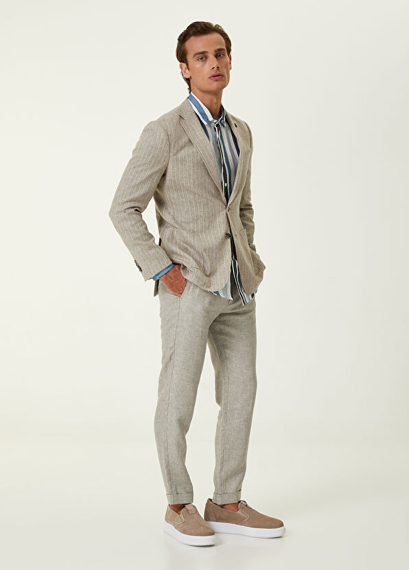 Beymen Club Comfort Fit Mavi Kalın Çizgi Desenli Keten Gömlek - 2