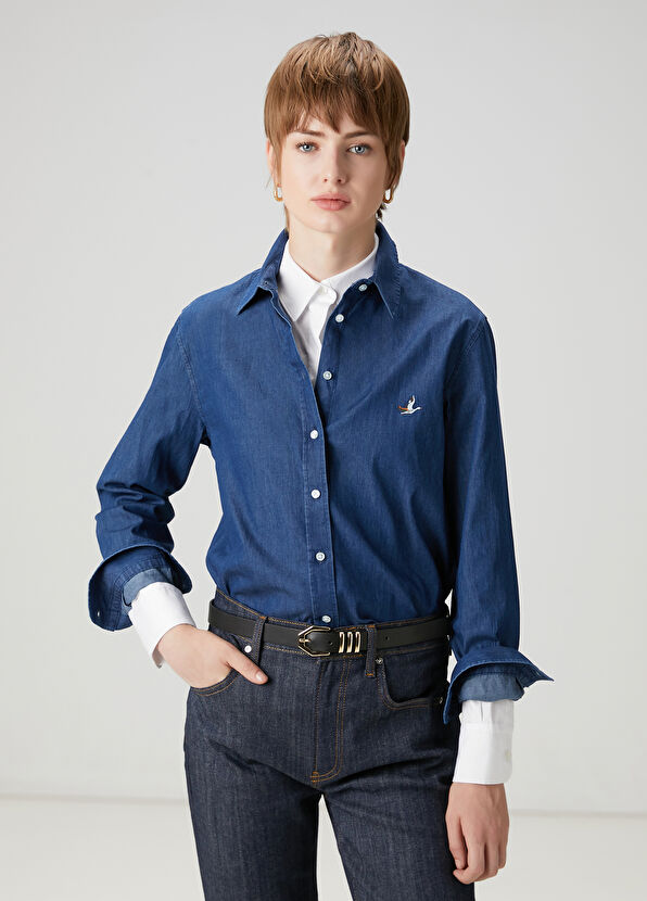 Beymen Club Koyu Mavi Logo Nakışlı Denim Gömlek - 1