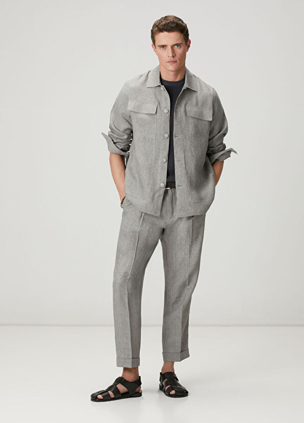 Beymen Club Gri Tek Pileli Keten Pantolon - 1