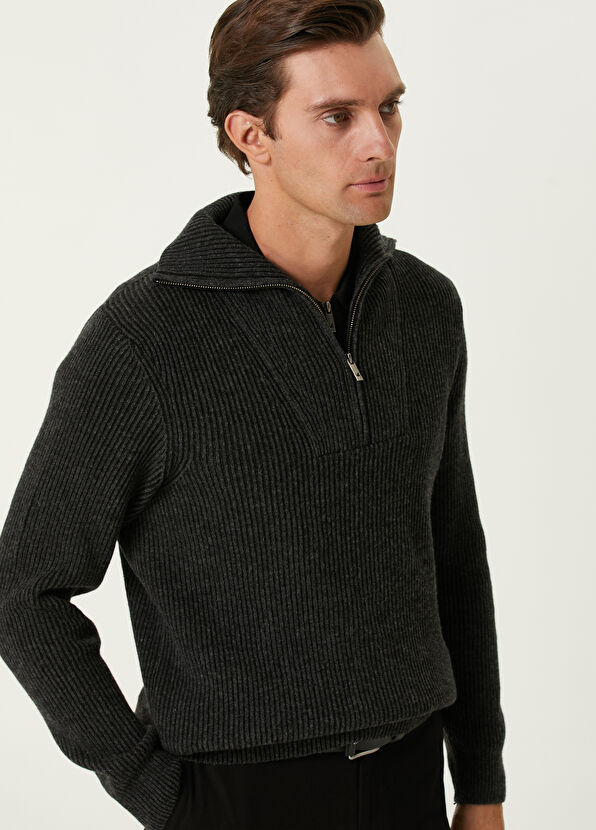 Beymen Club Antrasit Yakası Fermuarlı Kazak - 2