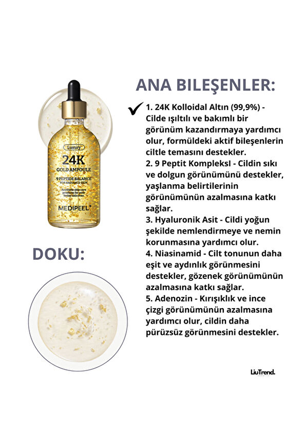MEDIPEEL Luxury 24k Gold Ampoule 24k Altın Içeren Ampul M0010 Sıkılaştırıcı Cilt Serumu 100 ml - 2