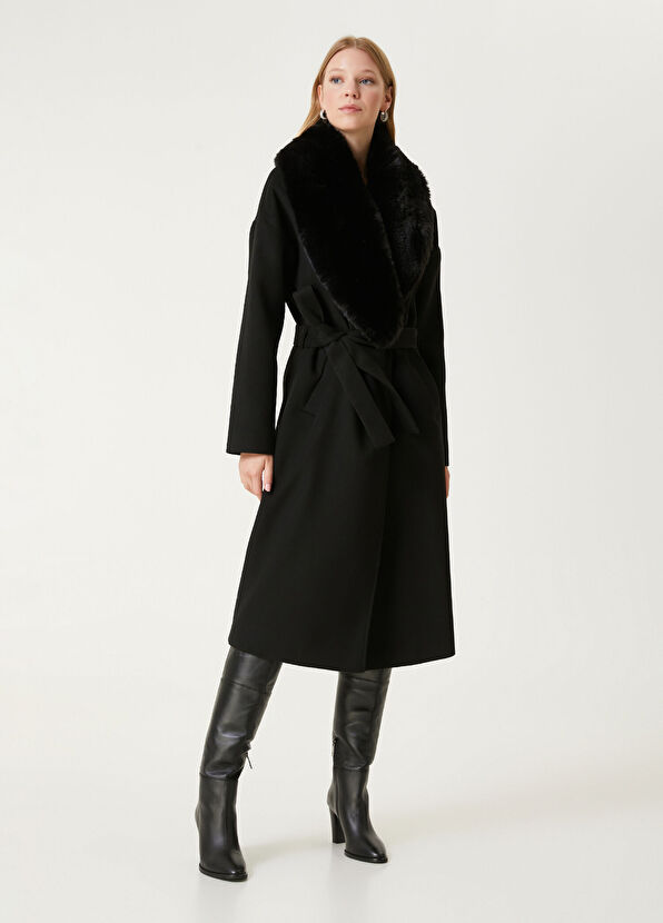 Beymen Club Siyah Yakası Suni Kürklü Kruvaze Kaşe Palto - 3