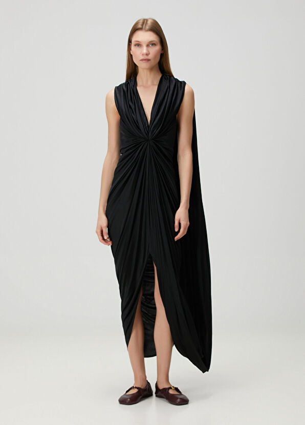 Siyah Drapeli Midi Elbise - Görsel 2