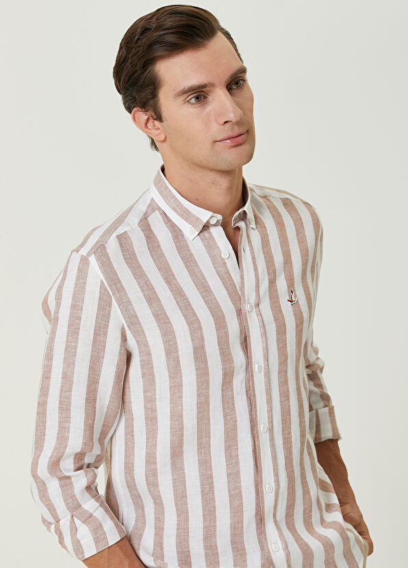 Beymen Club Comfort Fit Bej Dikey Çizgi Desenli Keten Gömlek - 2