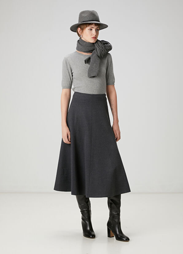 Beymen Club Koyu Gri Çizgili Midi Kloş Etek - 2