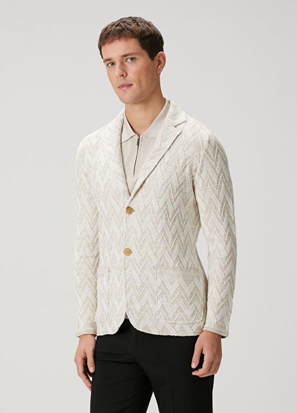 Maurizio Baldassari Bej Beyaz Zikzak Desen Jakarlı Triko Ceket - 1
