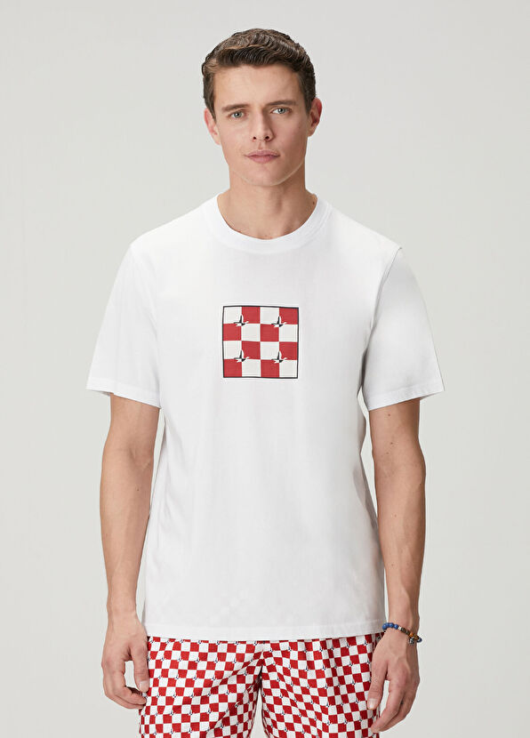 Beymen Club White Relax Fit Checkers Artwork T-Shirt - 1