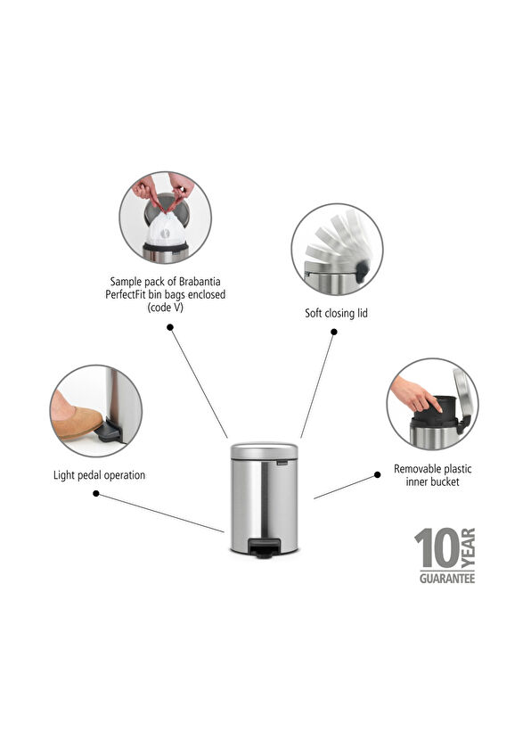 Brabantia Newicon Gray Pedal Stainless Steel Trash Can 3 lt - 4