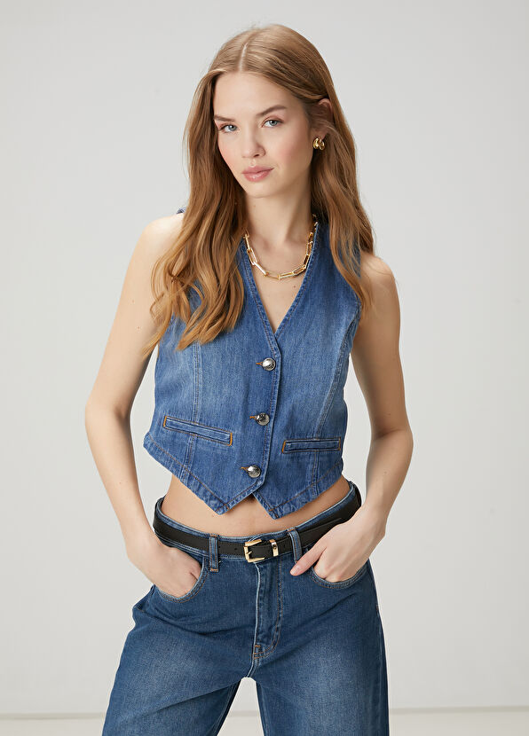 Beymen Club Mavi Crop Denim Yelek - 1