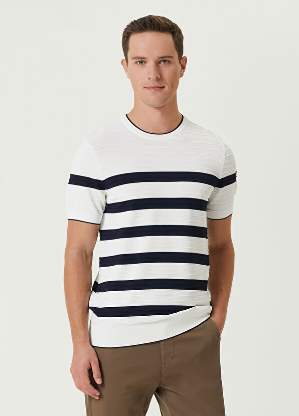 Beymen Club Navy Blue White Jacquard Short Sleeve Sweater - 1