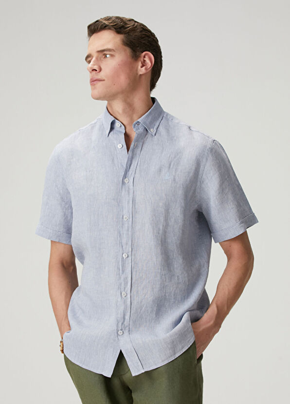 Beymen Club Light Blue Comfort Fit Short Sleeve Linen Shirt - 4