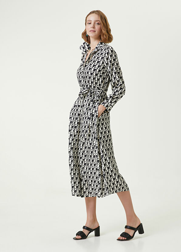Beymen Club Siyah Beyaz Kaz Desenli Midi İpek Gömlek Elbise - 1