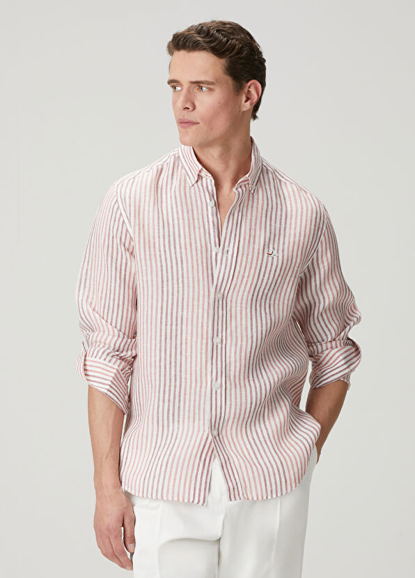 Beymen Club Comfort Fit White Burgundy Striped Linen Shirt - 2