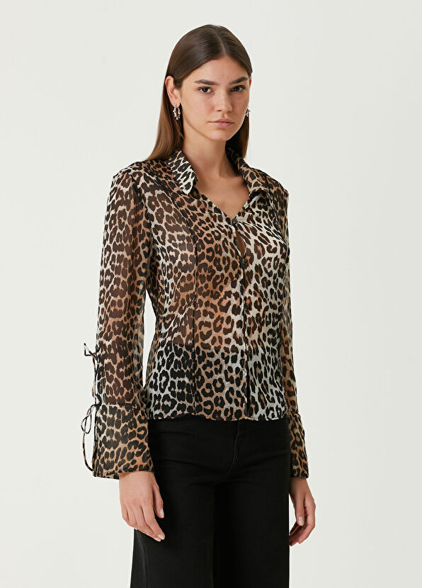 Ganni Leopar Desenli Şifon Gömlek - 1