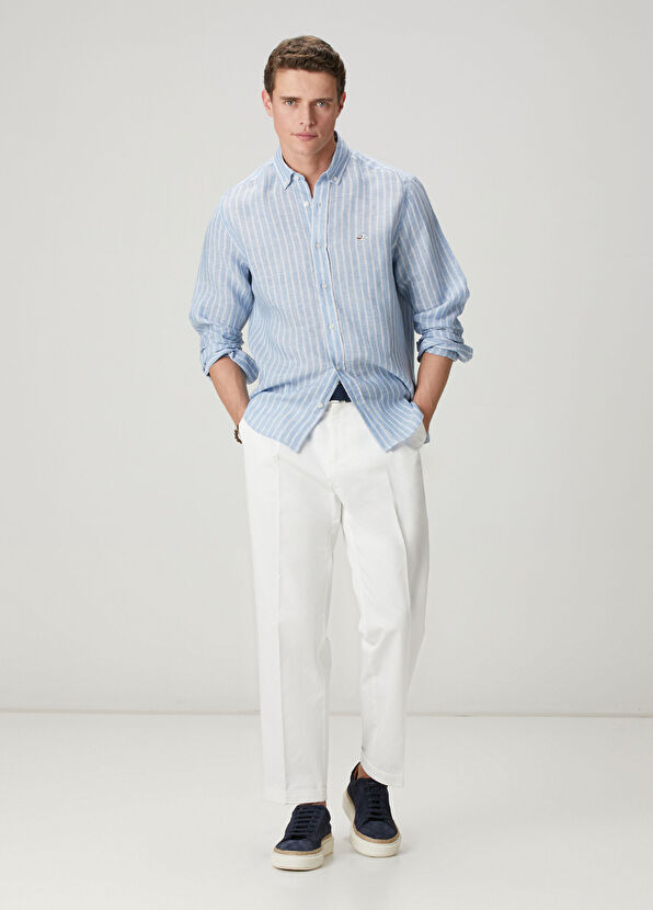 Beymen Club Comfort Fit Blue Stripe Patterned Linen Shirt - 3