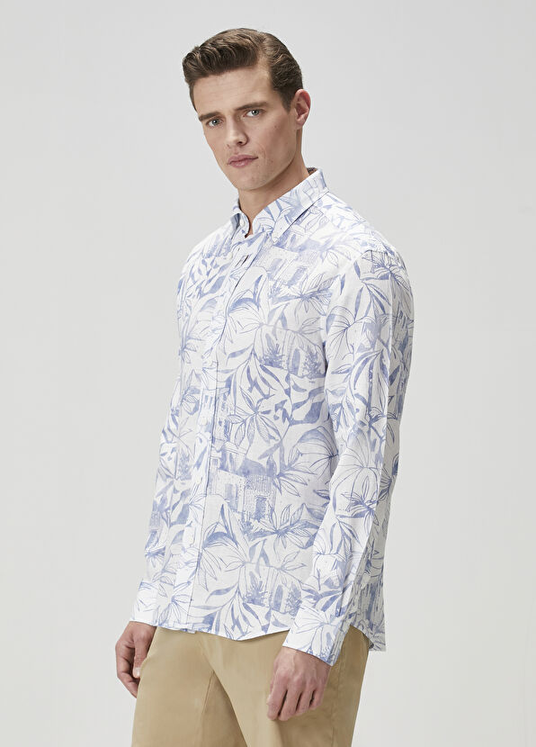 Beymen Club Comfort Fit Mavi Beyaz Çiçek Desenli Keten Gömlek - 4