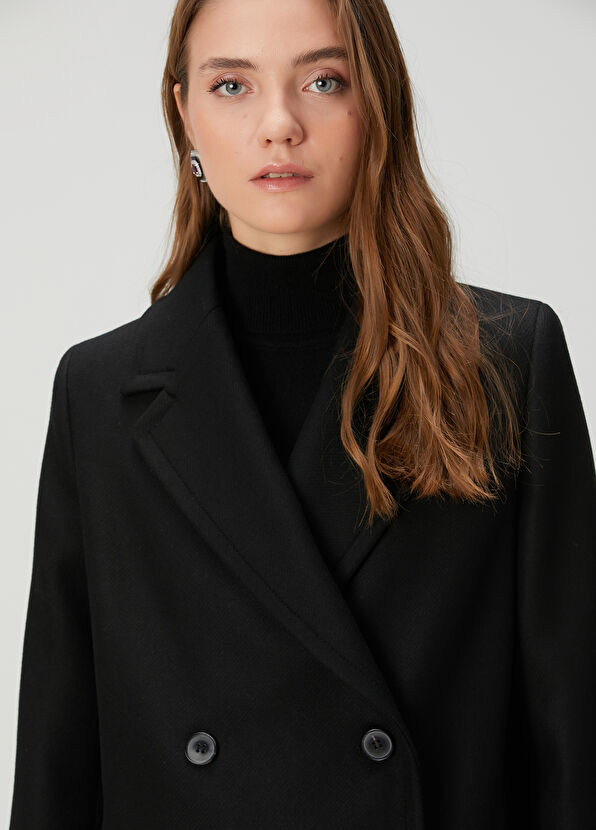 Siyah Kruvaze Yün Kaşe Kaban - Görsel 4