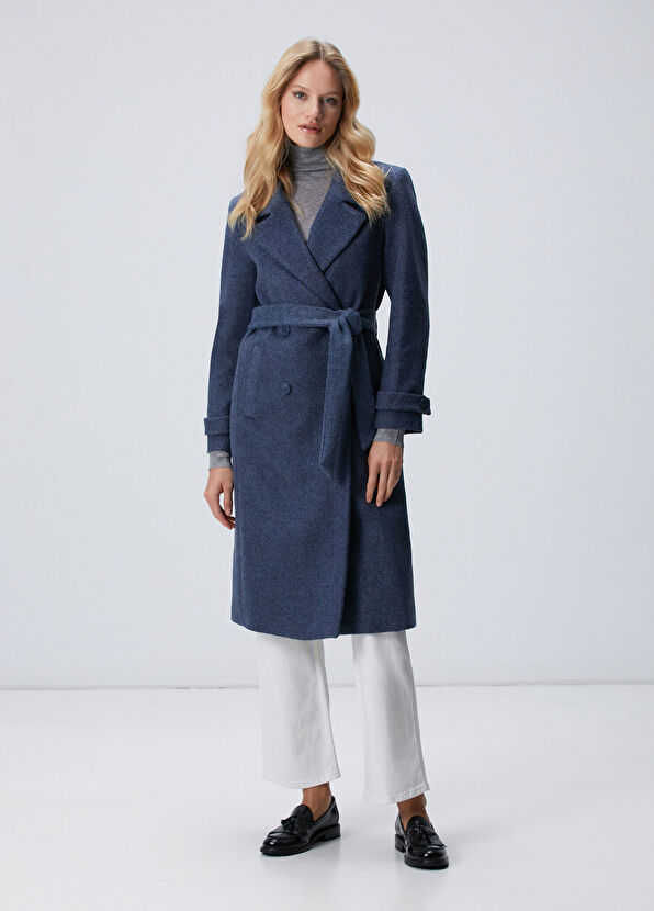 Lacivert Diyagonal Desen Kuşaklı Uzun Palto - Görsel 3