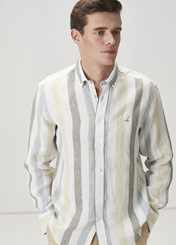 Beymen Club Comfort Fit Yeşil Çizgi Desenli Keten Gömlek - 2