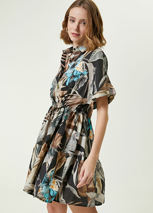 Beymen Club Siyah Tropikal Desenli Mini Keten Gömlek Elbise - 2