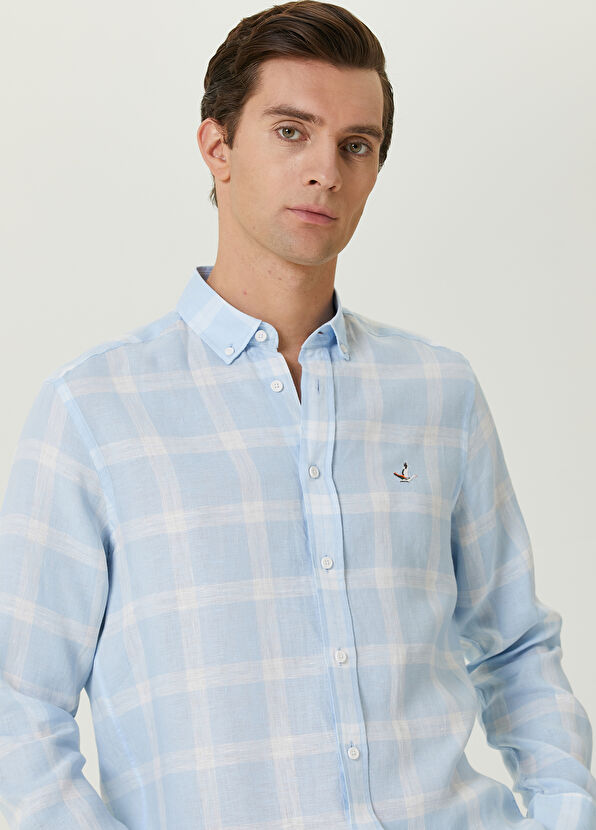 Beymen Club Comfort Fit Light Blue Square Plaid Linen Shirt - 2