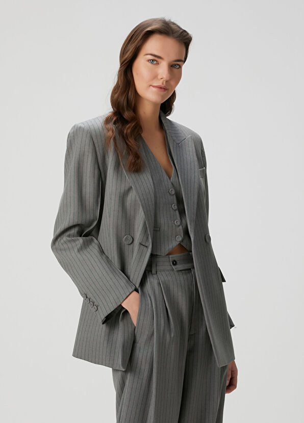 Margaux Lonnberg Fairway Gri Çizgili Yün Blazer - 1
