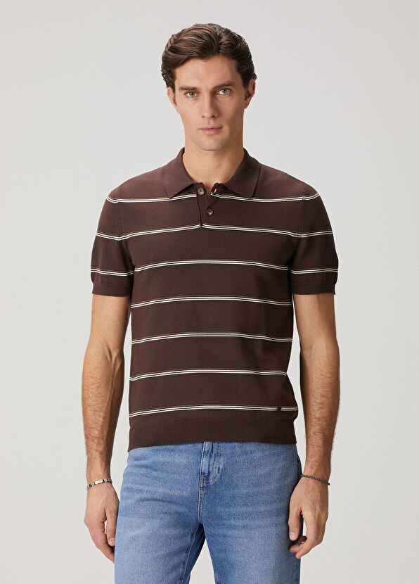 Beymen Club Brown Ecru Striped Cotton Polo Knitwear - 1