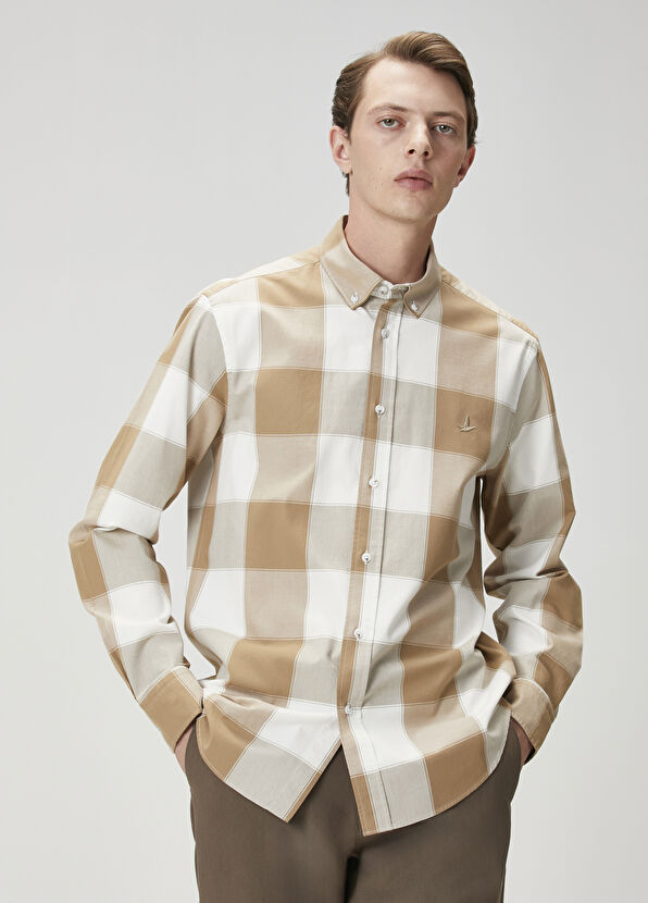 Beymen Club Comfort Fit Camel Plaid Patterned Shirt - 1