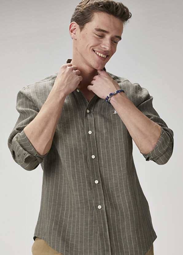 Beymen Club Comfort Fit Haki Çizgili Keten Gömlek - 1