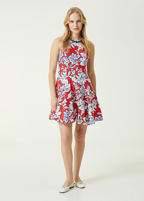 Beymen Club Kırmızı Çiçek Desenli Mini Keten Elbise - 4