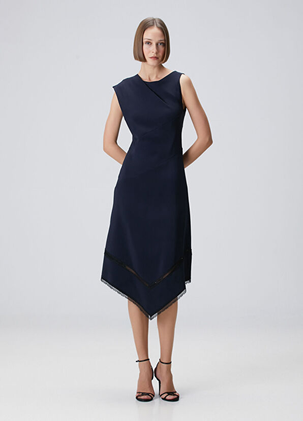 Lacivert Asimetrik Midi Elbise - Görsel 4