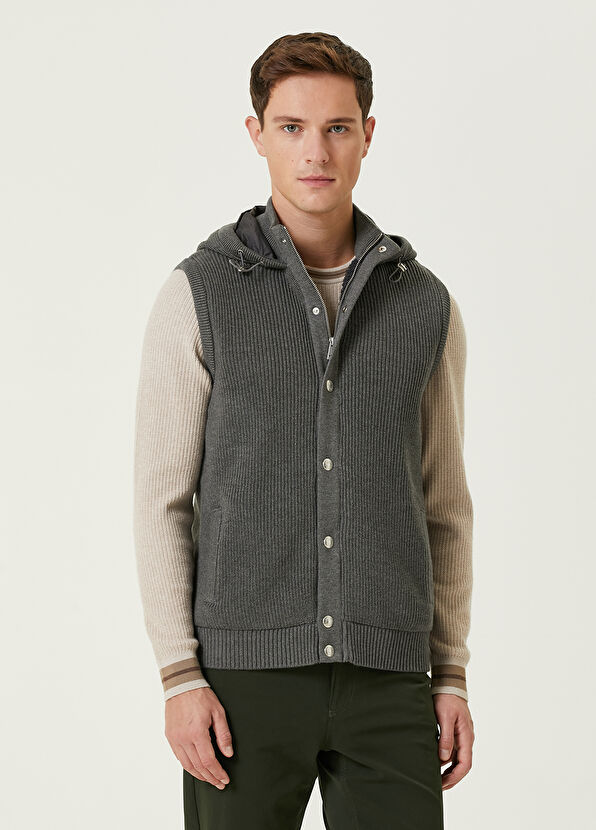 Beymen Club Grey Hooded Knit Textured Wool Knit Vest - 1
