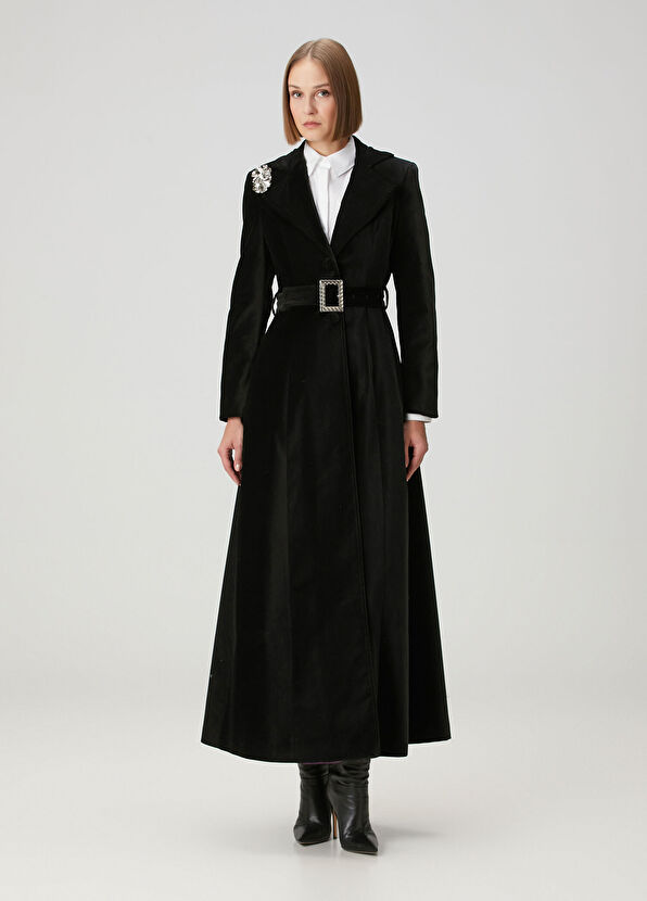 Siyah Taş Broşlu Palto - Görsel 2