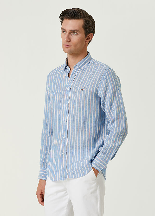 Beymen Club Comfort Fit Mavi Çizgi Desenli Keten Gömlek - 4